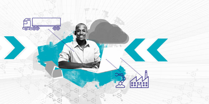 A man stands smiling in the center of an abstract background with icons of a truck, cloud, and factory surrounding him.