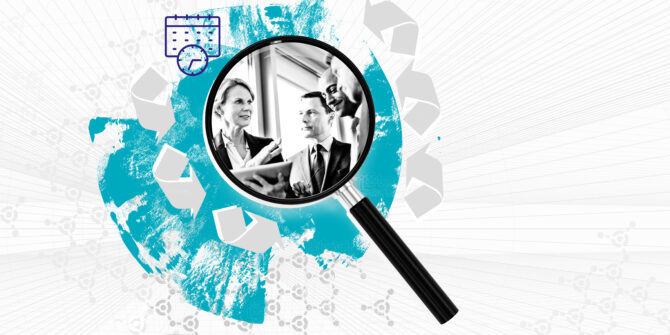 Illustration of two business professionals talking seen through a magnifying glass.